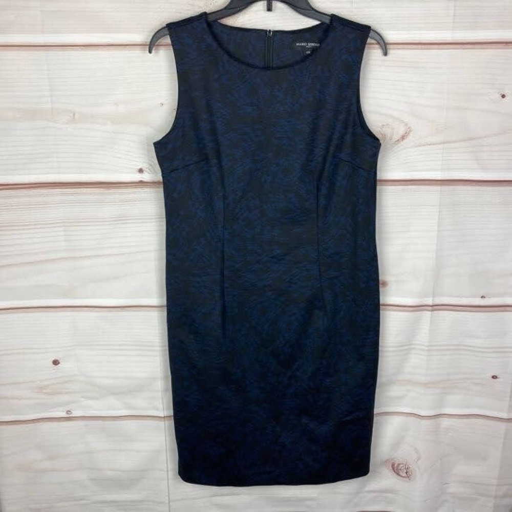 Mario Serrani Dress Womens Medium Blue Black Ponte Knit Sheath Sleeveless Zip-Up
